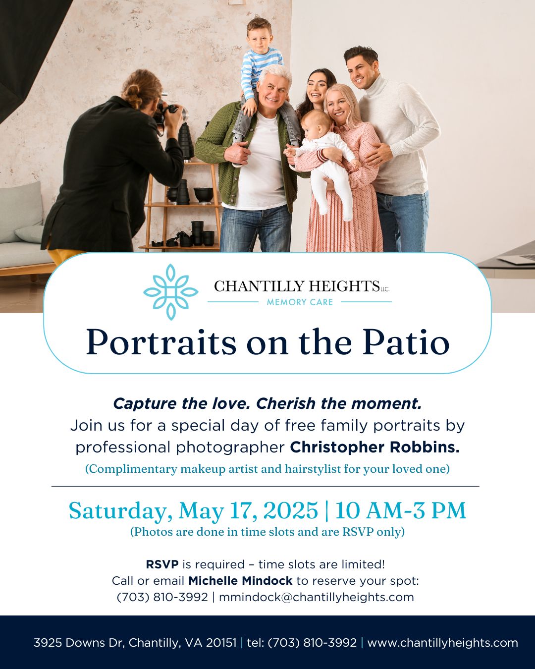 promotion flyer for free family portraits on the patio event at chantilly heights